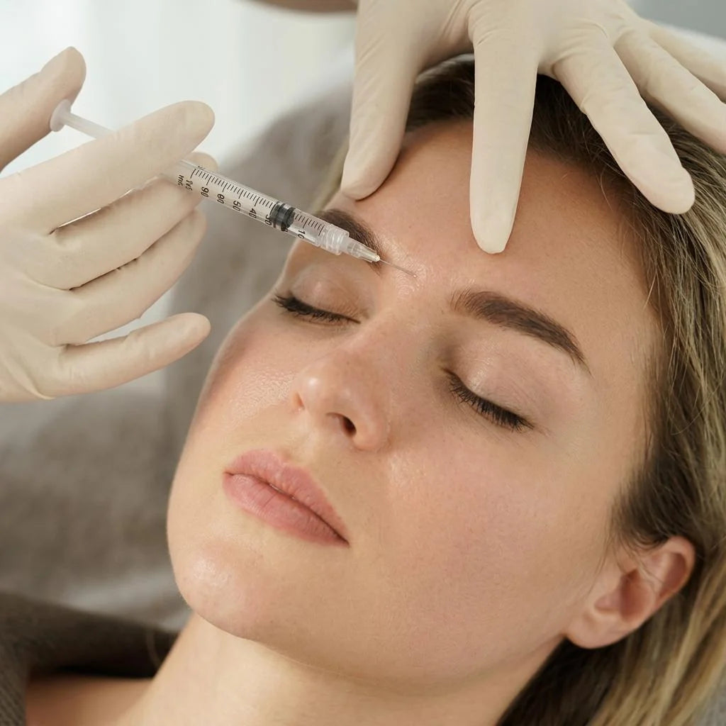 A woman lying back in a treatment chair while a gloved clinician injects the muscle above her brow