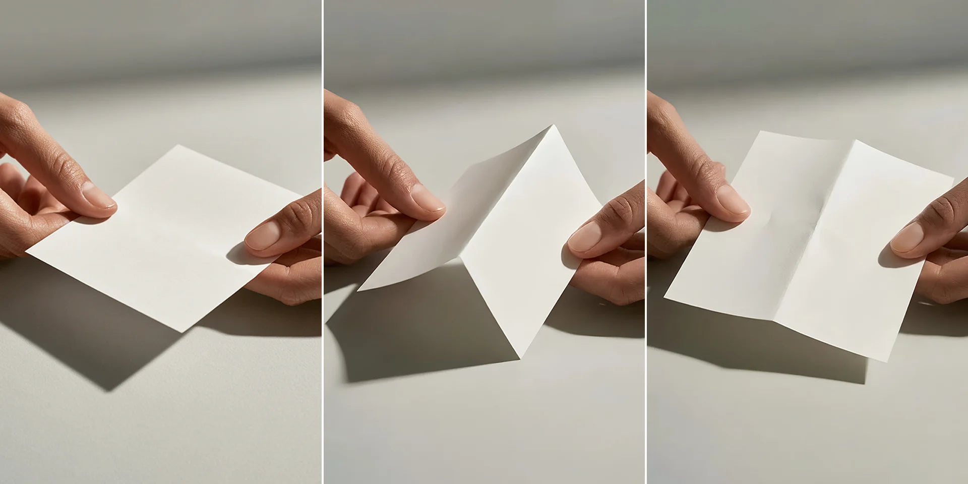 Three frames of hands folding a sheet of paper: flat, folded, then opened again with the crease still in it