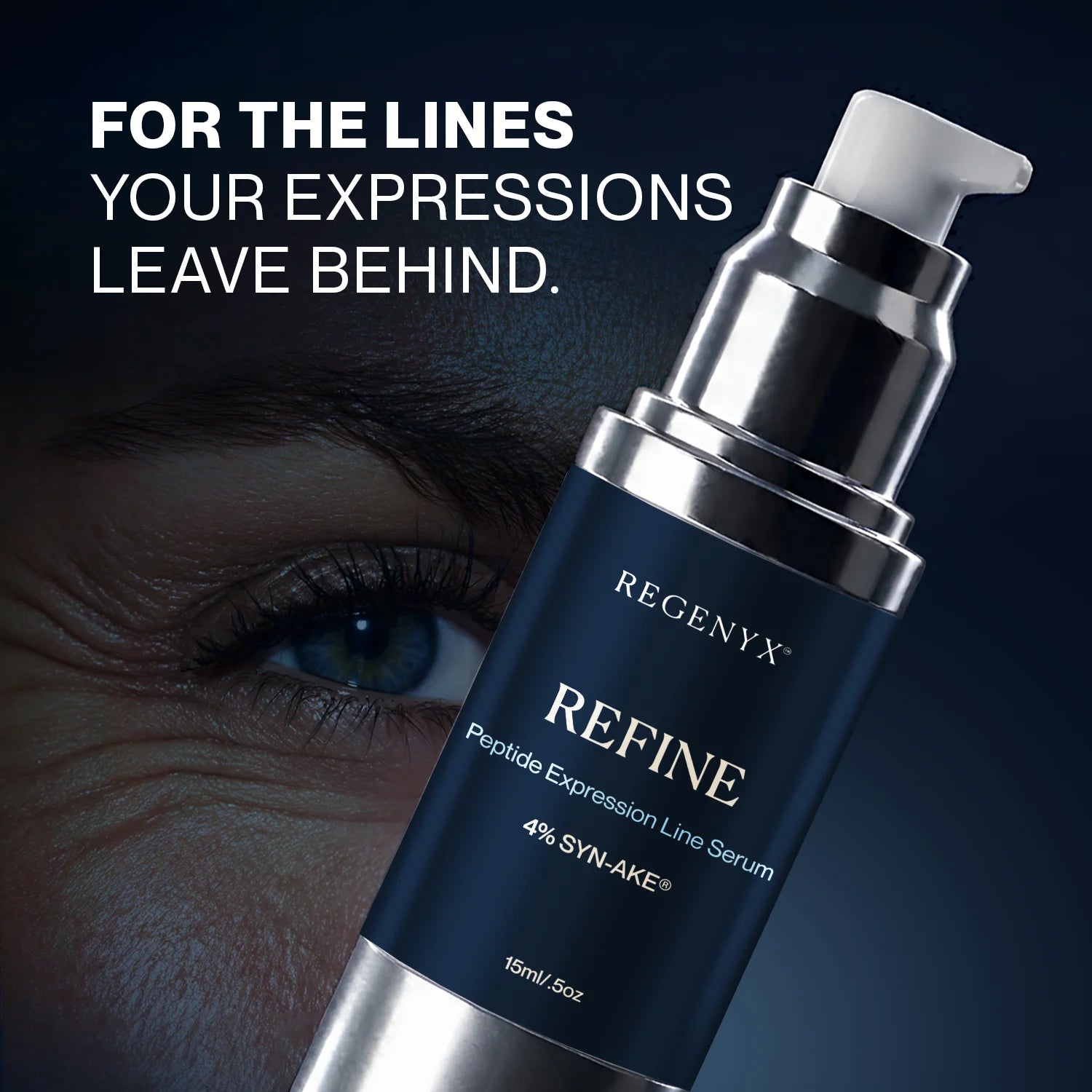 REFINE Peptide Expression Line Serum beside a close-up of expression lines around the eye.