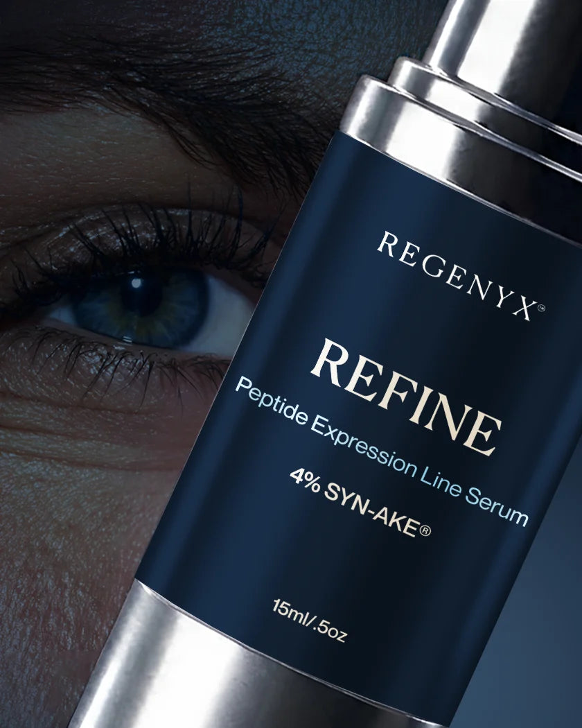 A REFINE Peptide Expression Line Serum bottle beside a close-up of an eye with crow's feet